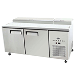 Atosa MPF8202GR Two Section Side Mount Refrigerated Pizza Prep Table 67"W x 33.1"D x 44"H with 2 Self-Closing Solid Doors