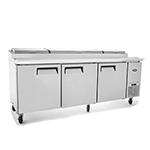 Atosa MPF8203GR Three Section Side Mount Refrigerated Pizza Prep Table 93"W x 33.1"D x 44"H with 3 Self-Closing Solid Doors