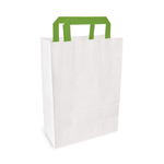 Packnwood White Paper Bag with Green Handles, 6.6" x 10.3" x 11" H, Case of 250
