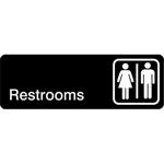 Winco Sign: Restrooms, 3" x 9"; Black Backround, White Imprint
