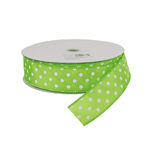 Wired Edge Kiwi Green with White Dots Satin Ribbon, 1-1/2" Wide, 50 Yards